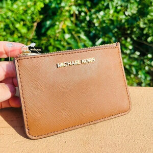 Michael Kors Leather Card Holder Zip Coin Case w Key Ring NWT